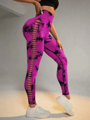 Women Tie Dye Hollow Out Leggings Sports Yoga Pants Fitness Sportswear