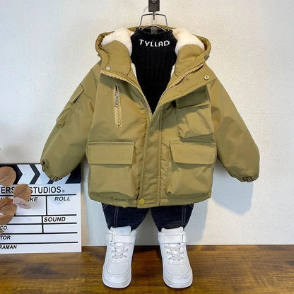 New Winter Down Cotton Jacket Boys Black Hooded Coat Children Outerwear Clothing Teenage 3-8Y Kids Parka Padded Snowsuit