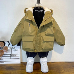 Down Cotton Jacket Boys Black Hooded Coat Children Outerwear Clothing