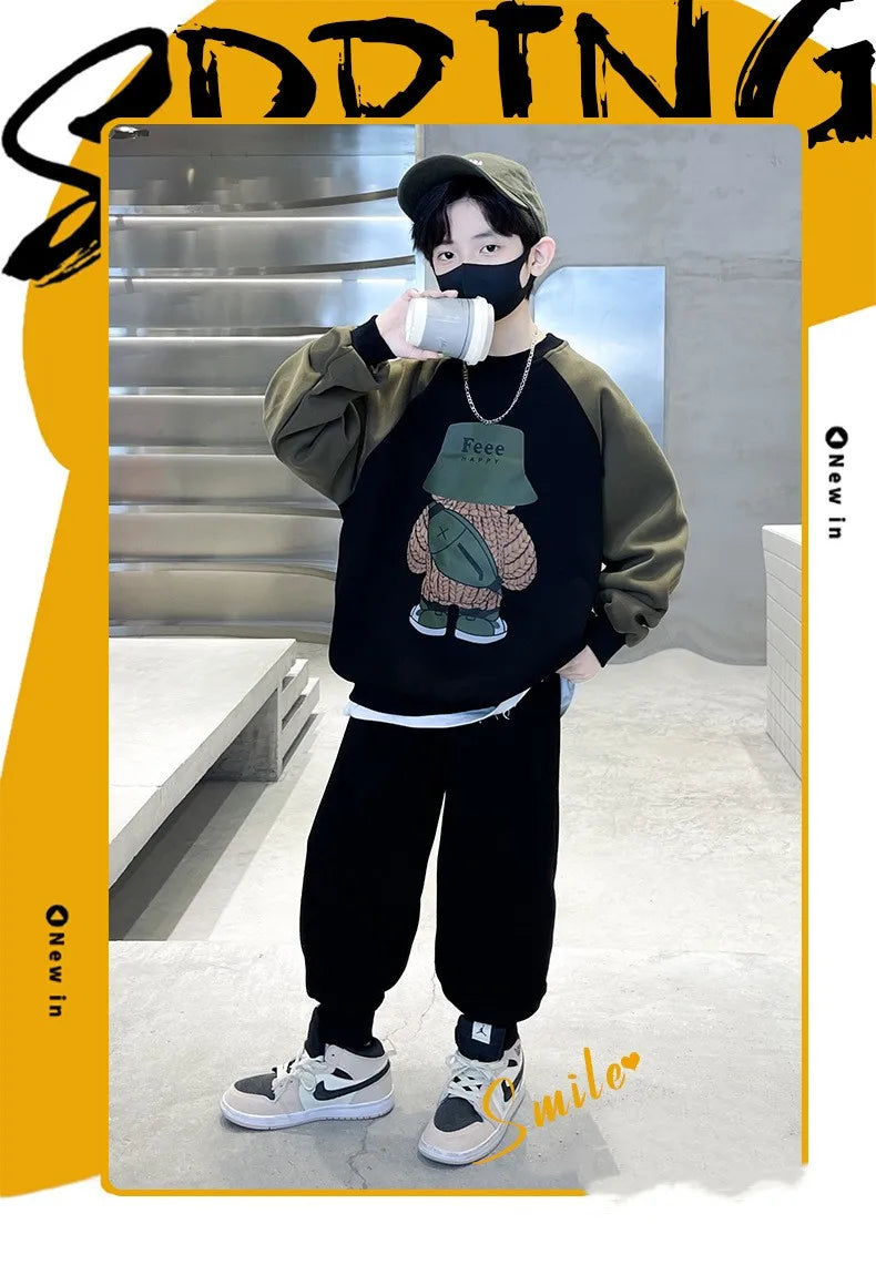 Spring Autumn Boys Patchwork Cartoon Sweatshirt+Sweatpant Workout Set School Kids 2PCS Tracksuit Children Jogging Outfit 5-16 Yr