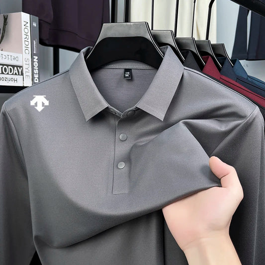 Luxury Quality Men's Polo Shirt No Trace Simple Solid Color Geometric Print Long Sleeve Autumn Lapel T-Shirt Business Menswear