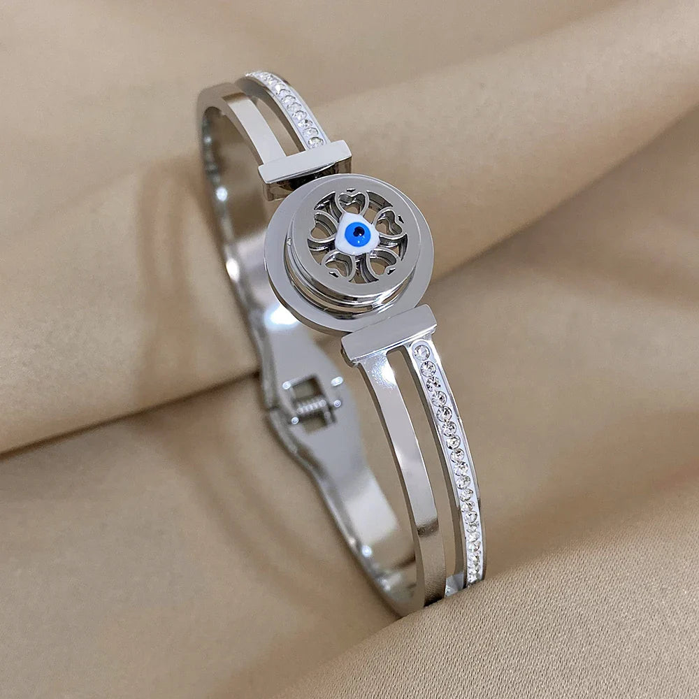 Evil Eye Bracelet Exquisite Stainless Steel Hollow Evil Eye Decorative Charm Bracelet Bangles with Rhinestones
