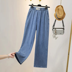 Summer Ice Silk Jeans Women Soft High Waist Wide Leg Pants