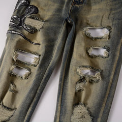 Men Snake Embroidery Denim Jeans Vintage Blue Snakeskin Leather Patch Stretch Pants