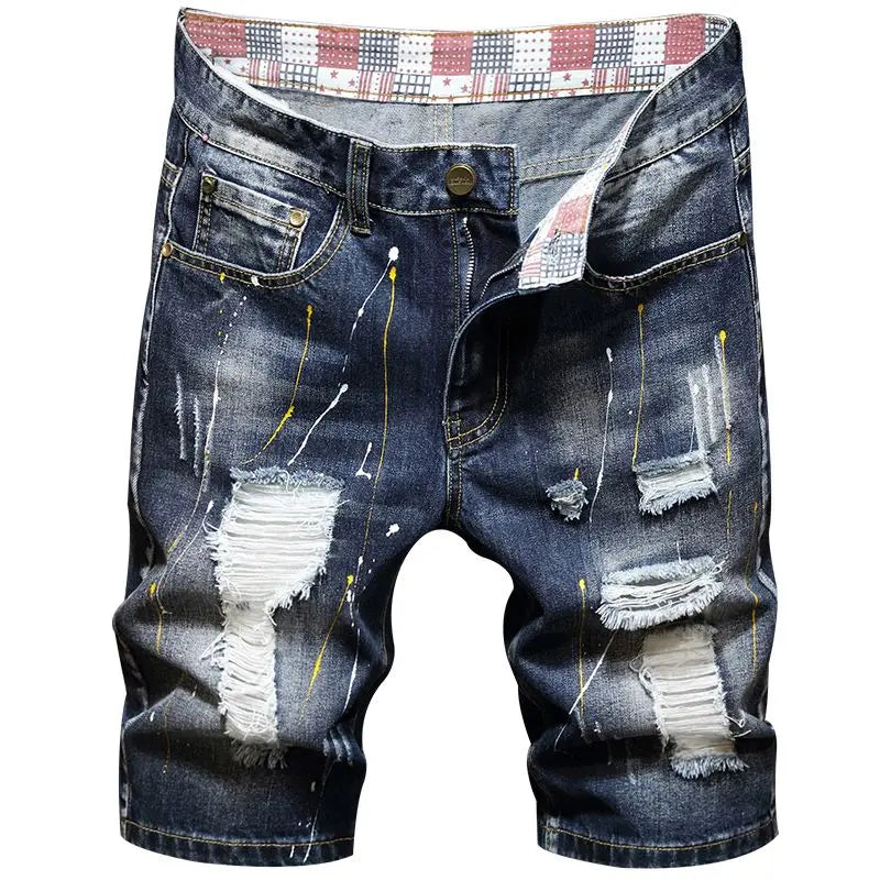 2025 Summer New Fashion Men's Graffiti Ripped Short Jeans Casual Slim Big Hole Retro Style Denim Shorts Male Brand Clothes