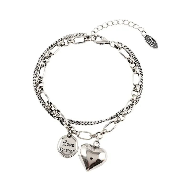Elegant 925 Sterling Silver Love Letter Heart Double Layer Bracelet Female Unique Design Thai Silver Retro Light Luxury Jewelry