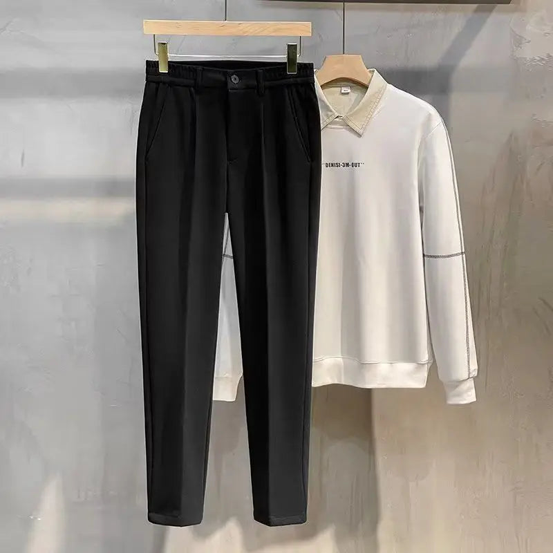 Autumn Winter Men's Woolen Suit Pants Formal Business Office Slim Straight Elastic