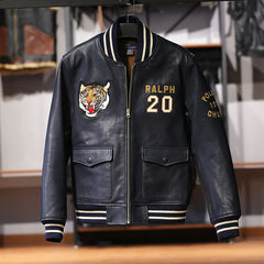 Men's stand collar real leather jacket baseball tiger embroidery vegetable