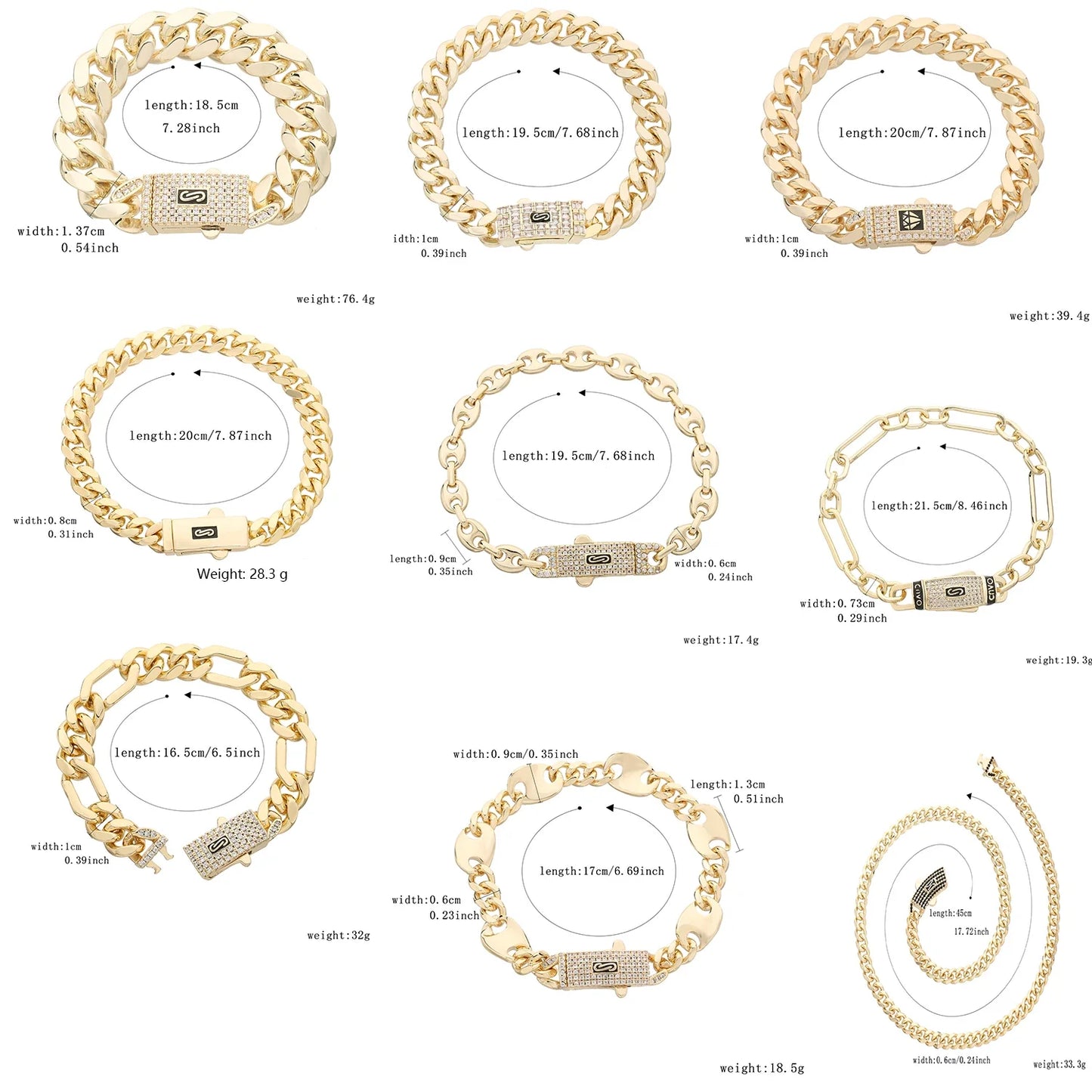 14K Monaco new chain for men and women, brass, cubic zirconia, fashionable Monaco bracelet for men and women
