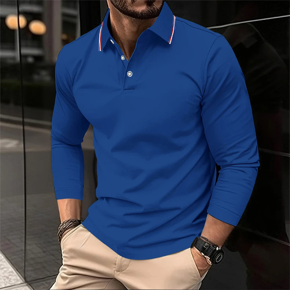 2025 Men's Summer Long Sleeve Lapel Polo Casual Breathable Comfortable Polo Shirt Solid High Quality Male T-Shirt Dropshipping