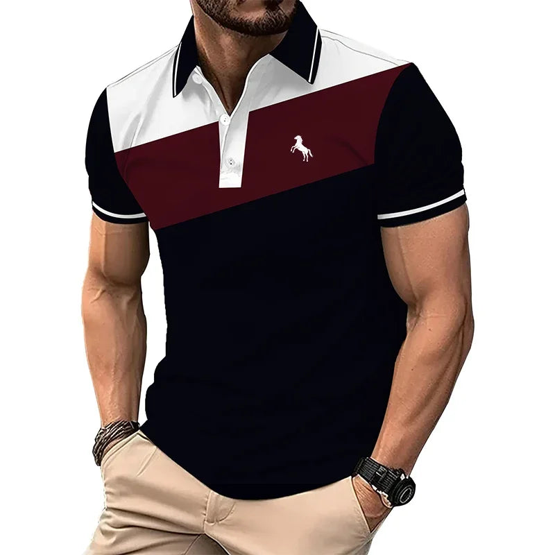 Men Clothes Summer Casual Short Sleeve Spell Color Button Polo Shirt Men Business Polo Shirt 3D Digital Print Polo Shirt Tops
