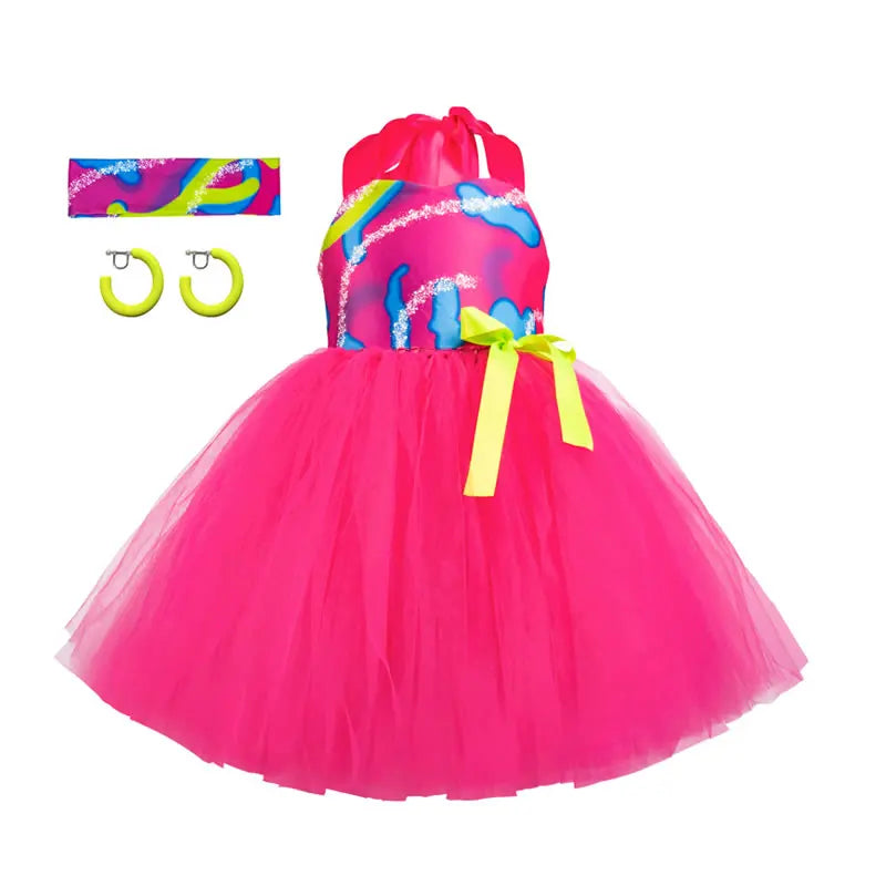 Barbie Cosplay Costume For Baby Girl Dress Cloth Christmas Kid Up Sling Print Tunic+Earring+Headband 3PC Outfit Child Frock