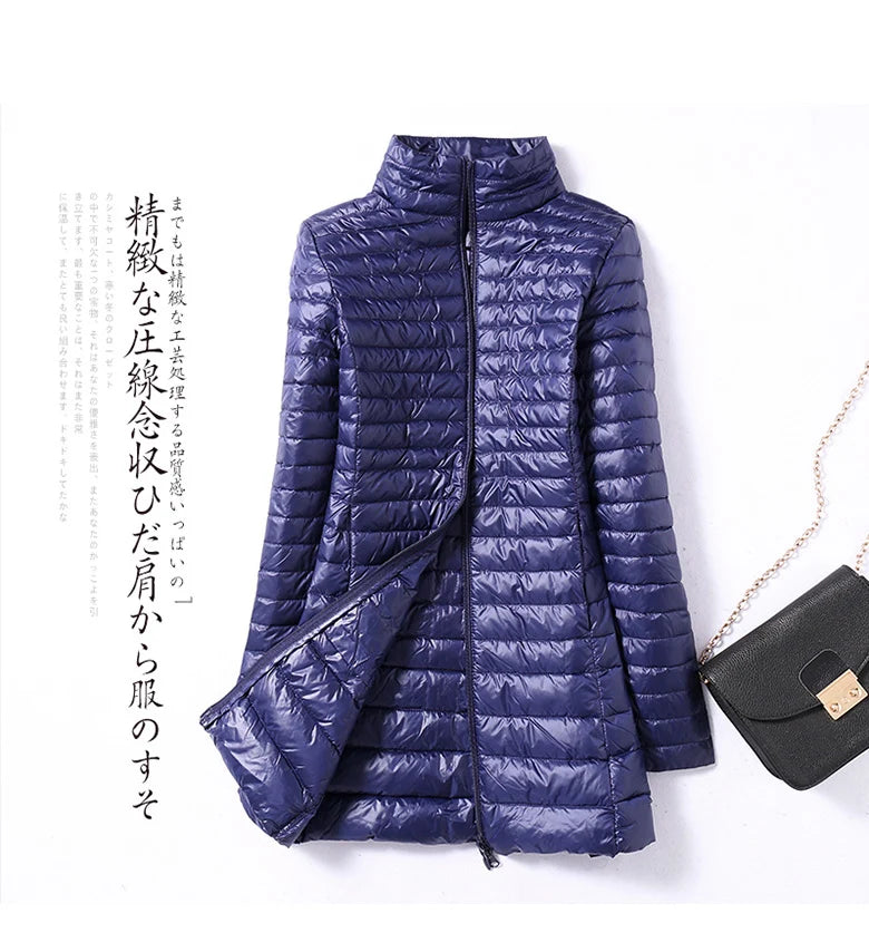 Women Down Jackets Ultra Light Duck Down Coat Long Puffer Jacket Slim Black