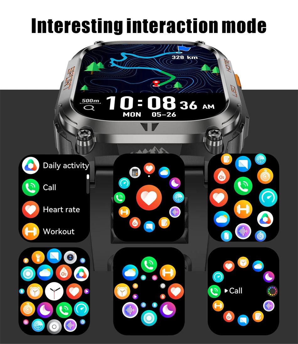 2025 New GPS Tracker Smart Watch Men LED Flashlight 1.96'' HD Screen Compass Watches Bluetooth Call Waterproof Sports Smartwatch