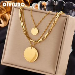 316L Stainless Steel Gold Color 3in1 Round Pendant Necklace For Women Fashion Girls