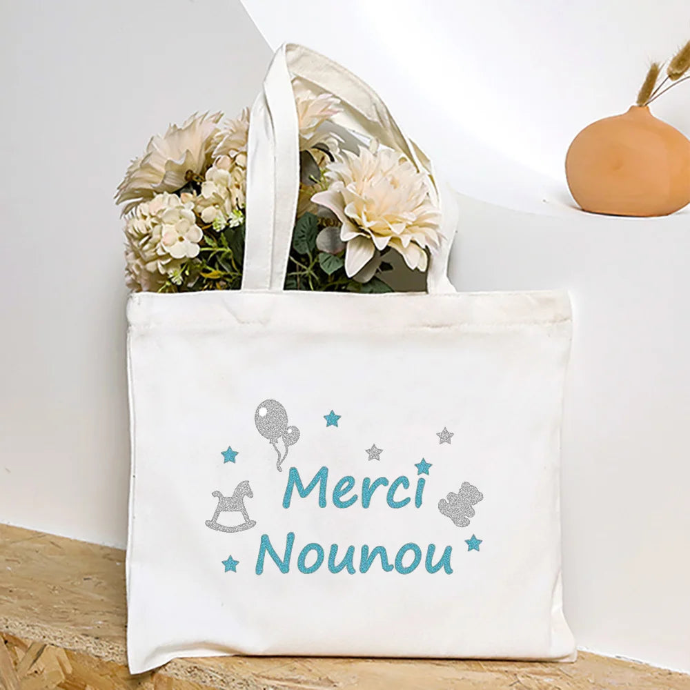 Merci Nounou French Printed Women Shoulder Bag Canvas Tote Bag Female