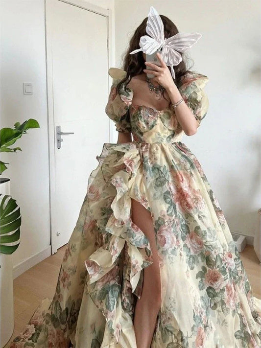 Evening Party Dress 2023 Summer Short Puff Sleeve Khaki  Print Organza Women Dress