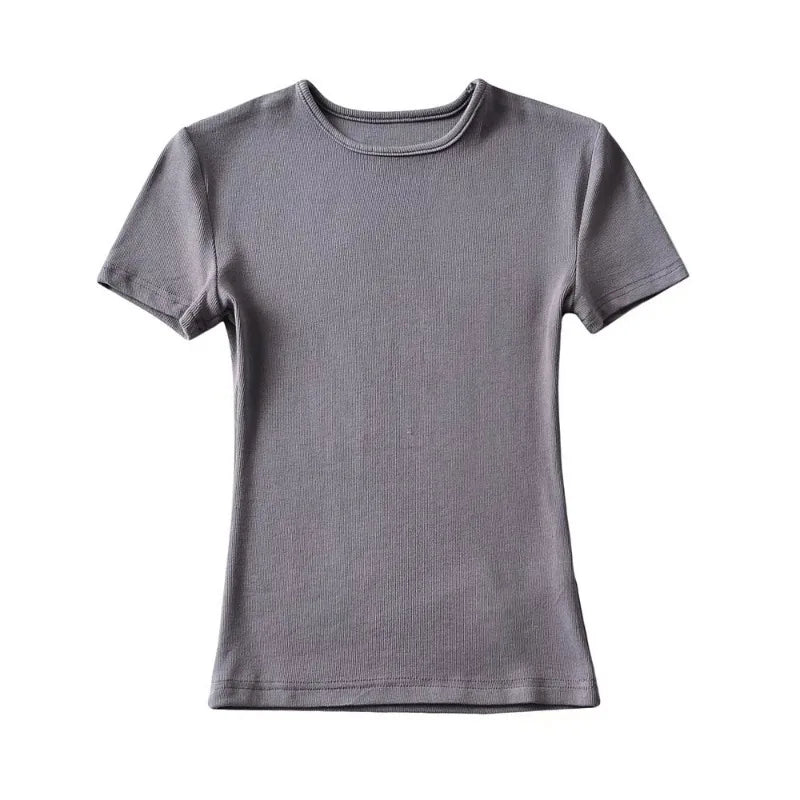 Casual Summer Woman Skinny Fit T-shirt Tight Short-Sleeve O-neck Tee Basic Solid Crop Tops T Shirt