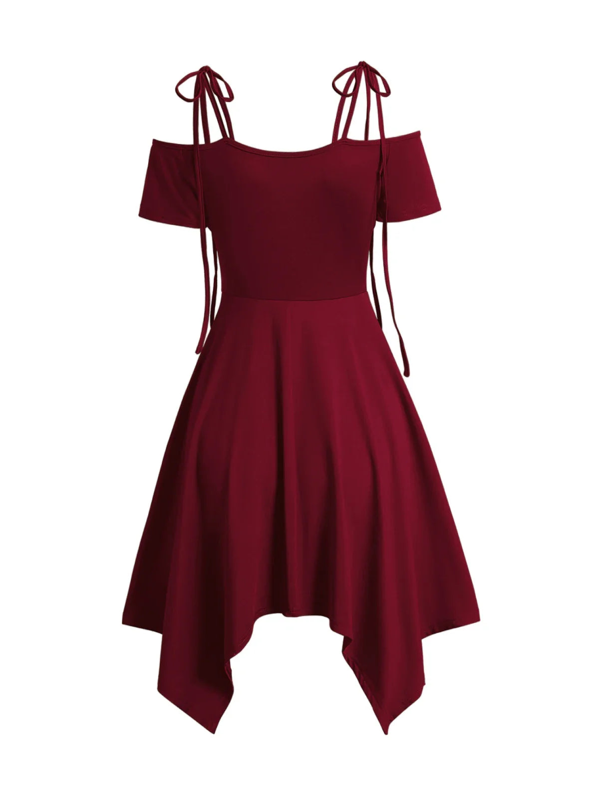 Dressfo Women's Dress Cold Shoulder Lace Up Asymmetric Dress Tie Knot Shoulder Chain Solid Color Short Sleeve Dress