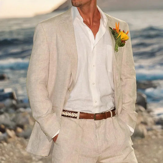 Beach Wedding Outfit Men: Linen Wedding Tuxedo for Groom Beige American Style