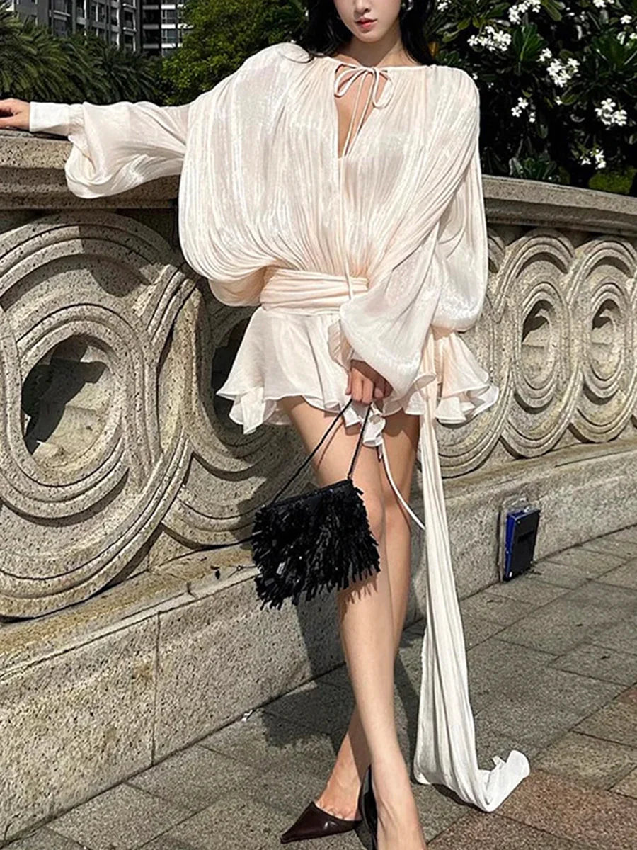 GALCAUR Solid Loose Splicd Lace Up Dresses For Women V Neck Long Sleeves Patchwork Ruffles Tunic Dreses Female Fashio New