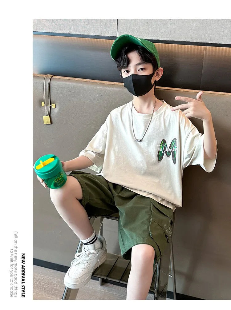 New Teen Boys Clothing Set Summer Letter Short Sleeve T-shirt Pants 2Pcs Suit For 5 6 8 10 12 Years Kids Handsome Casual Outfit