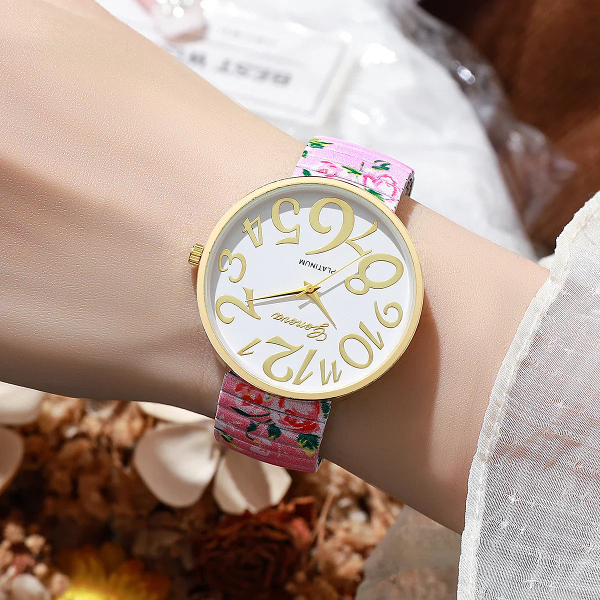 1/2/3/4PCS Fashion Flowers Printed Women Watch Luxury Elastic Strap Arabic Quartz Watches Reloj Mujer Girls Clock（Without Box）
