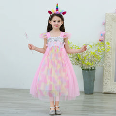 Unicorn Princess Dress for Girl Fancy Mesh Sequins Pink Halloween Costume for Kids