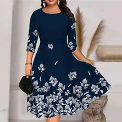 Women Dress Summer O-neck 3/4 Sleeve Midi Dress Plus Size Butterflies Printing