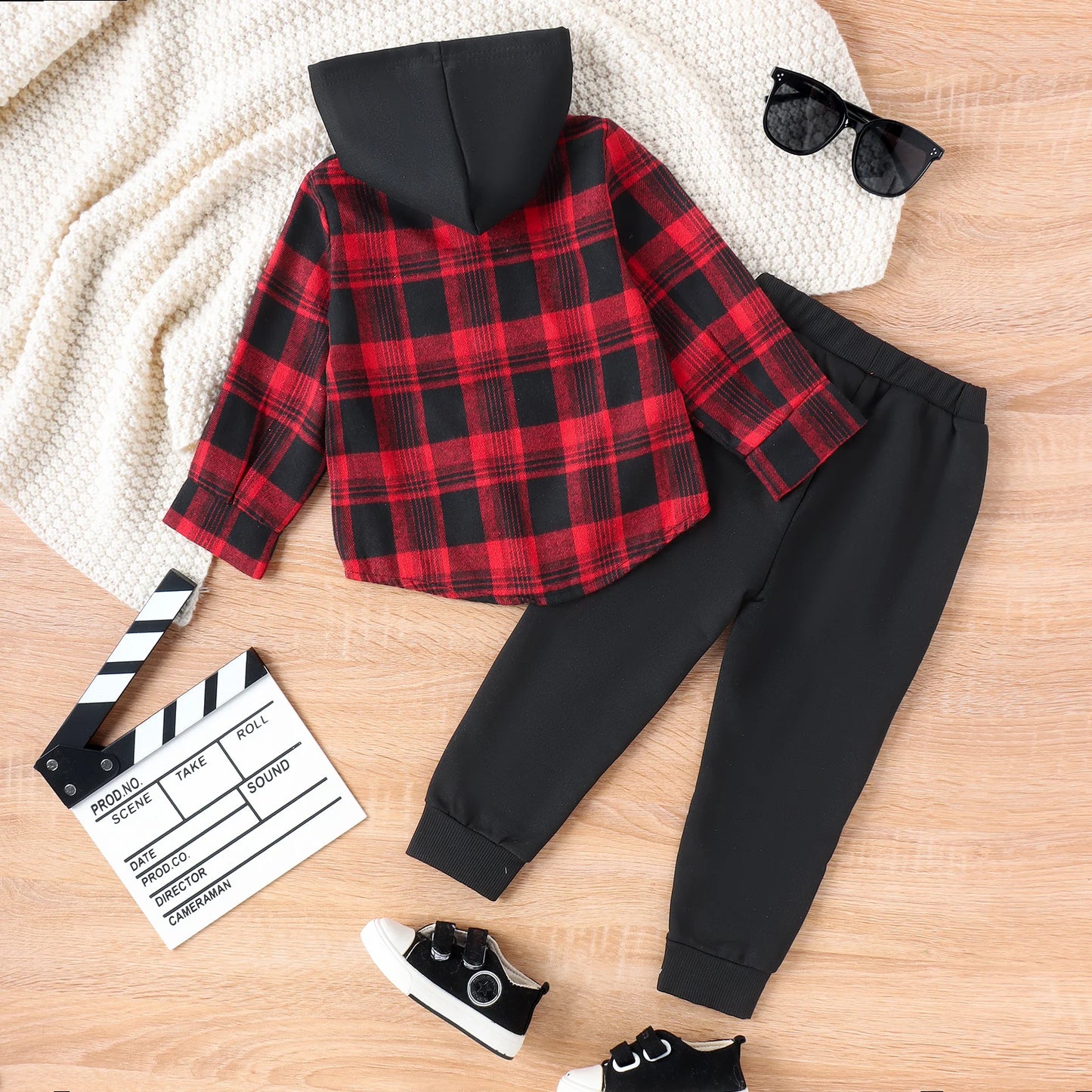 3PCS Autumn Boys Aged 2-6 Are Fashionable And Handsome, Multi-Color Plaid Hooded Long-Sleeved Top + Solid Color Pants Set