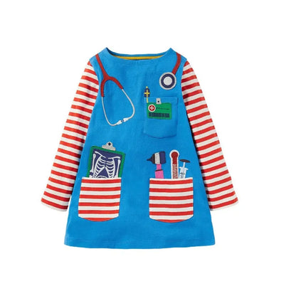 Little maven Baby Girls Blue Casual Clothes Autumn Cotton Pocket Dress Lovely for Children