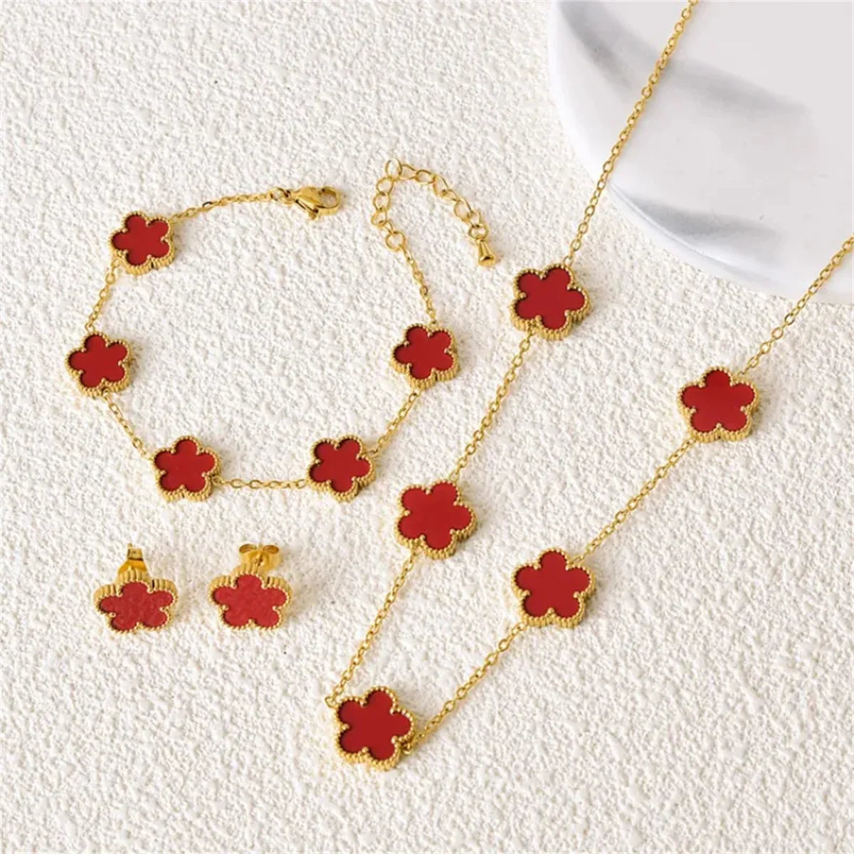 2/4Pcs 18K Gold Plated Five Leaf Flower Earring Necklace Bracelet Set for Women, Elegant Fashion Design Bracelet Jewelry Gifts