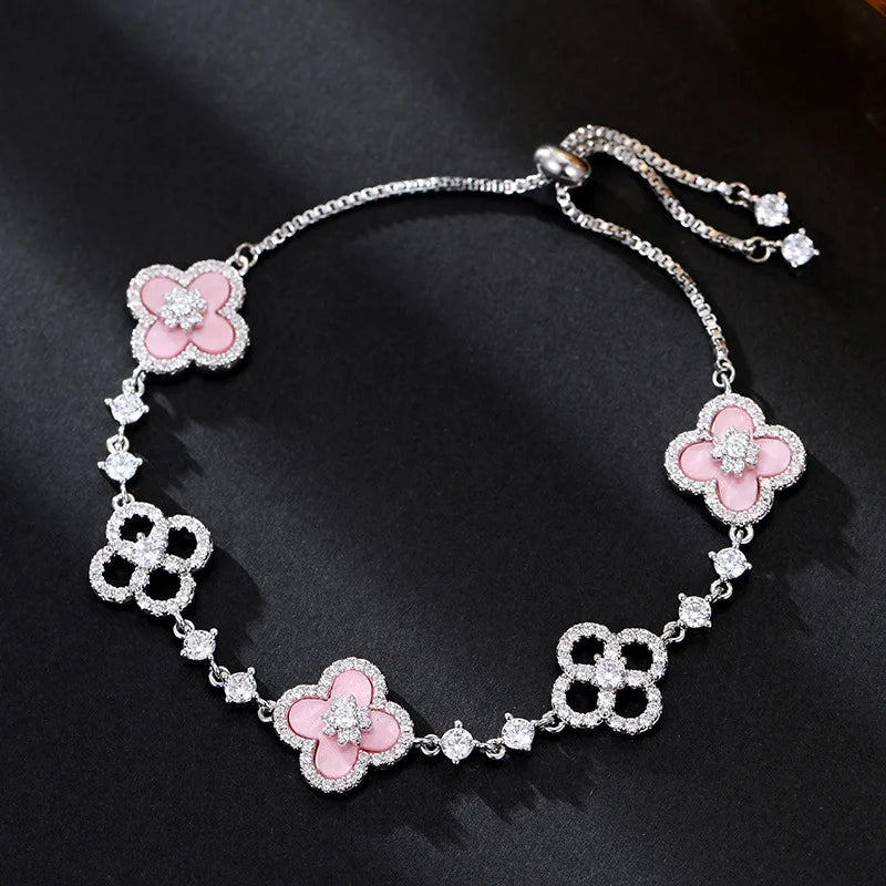 DGTQYQ Cherry Blossom Pink Mother of Pearl Clover Bracelet, Inlaid with Micro Zirconia, Hollowed Out Design Color Lucky Bracelet