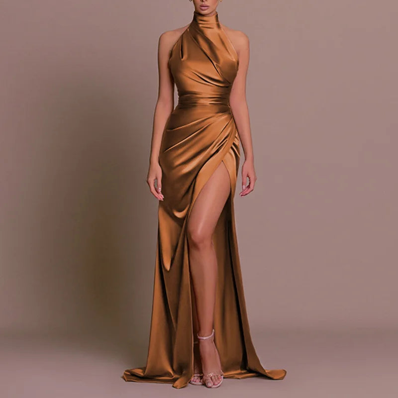 Womens Elegant Long Formal Evening Cocktail Party Dress Sexy High Split Ruched Bodycon Wedding Guest Bridemaid Maxi Dress