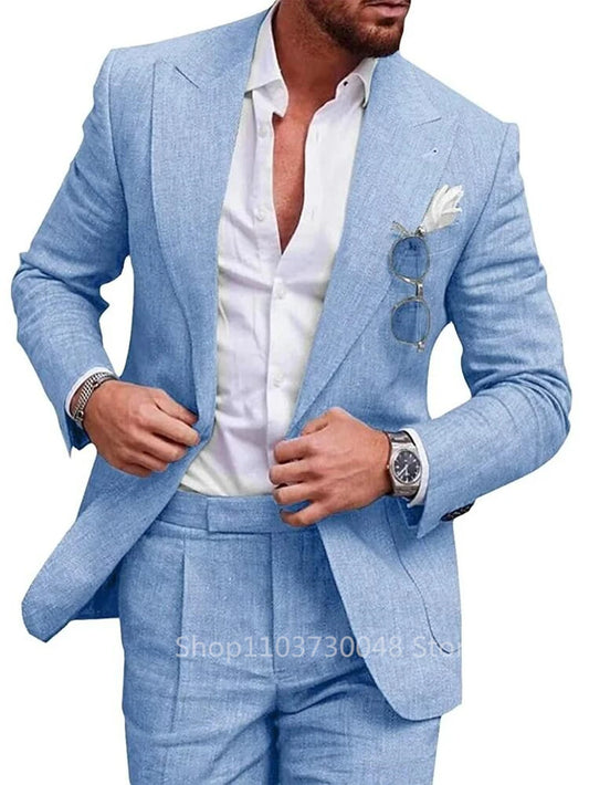 Light Blue/Beige Linen Wedding Men Suit Casual Single Breasted Slim Fit Blazer Pants