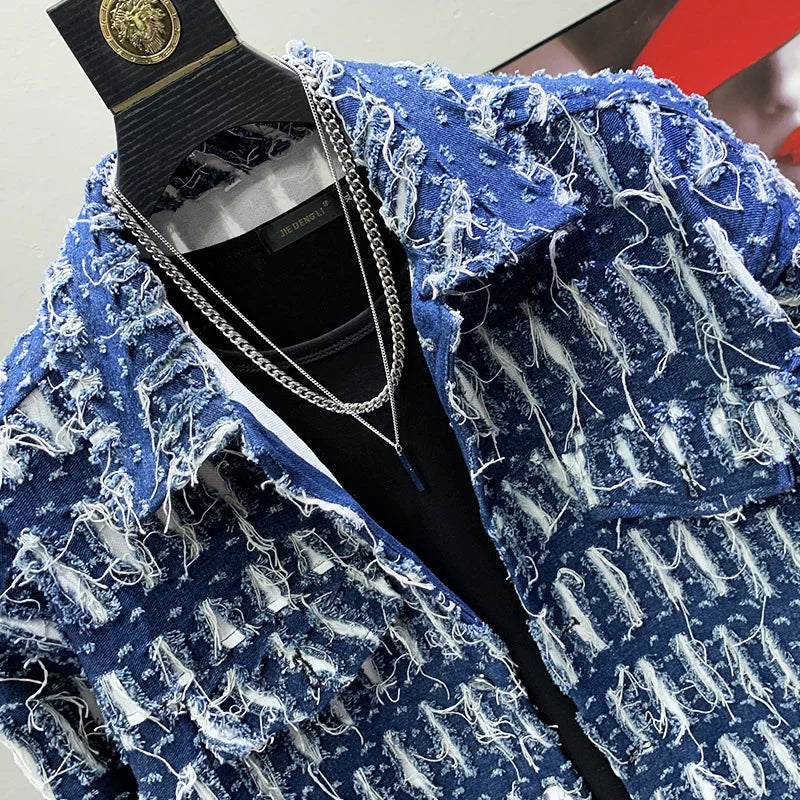 Hollow Out Hole Denim Jackets For Men Solid Loose Single Breasted Tassels Burr Coat