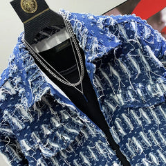 Hollow Out Hole Denim Jackets For Men Solid Loose Single Breasted Tassels Burr Coat