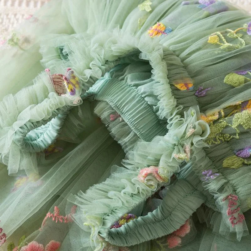 Girls' mesh dress summer baby girl covered in flower embroidery green suspender mesh