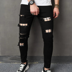 Men Streetwear Ripped Patch Slim Jeans Trousers Stylish Male Holes