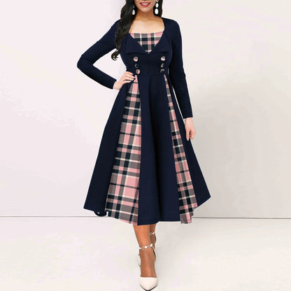 Plus Size Plaid Print Dress, Casual Long Sleeve Square Neck Dress For Spring, Women's Plus Size Clothing