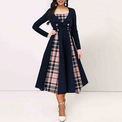 Plus Size Plaid Print Dress, Casual Long Sleeve Square Neck Dress For Spring