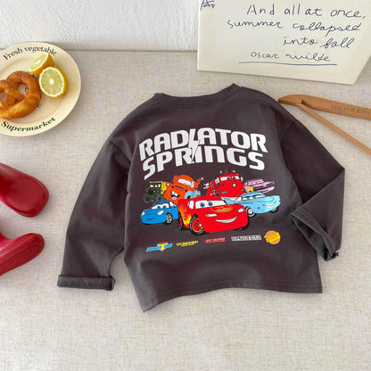 Fashion New Cartoon Car Boys Long Sleeved T-shirts Tops Crewneck Printed Loose Casual Kids Base Shirts Children's Clothes Blouse