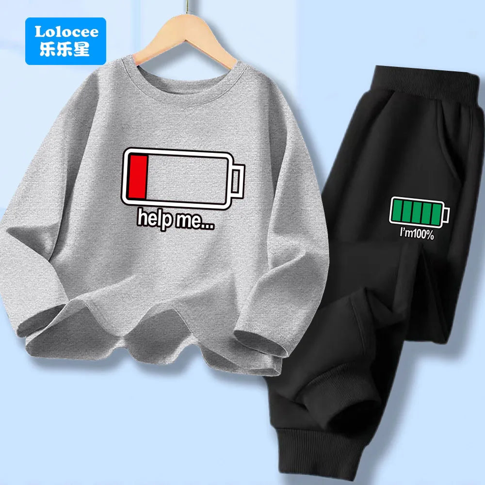 Autumn Kid Boy Long Sleeve 2pcs Clothes Set Children Funny Battery Letter Printed T-shirt Pullover Top And Pants Tracksuits DCW1