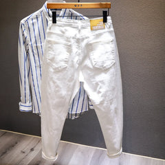 White Jeans Men All-match Fashion Ripped Hole Slim Stretch Harem Pants