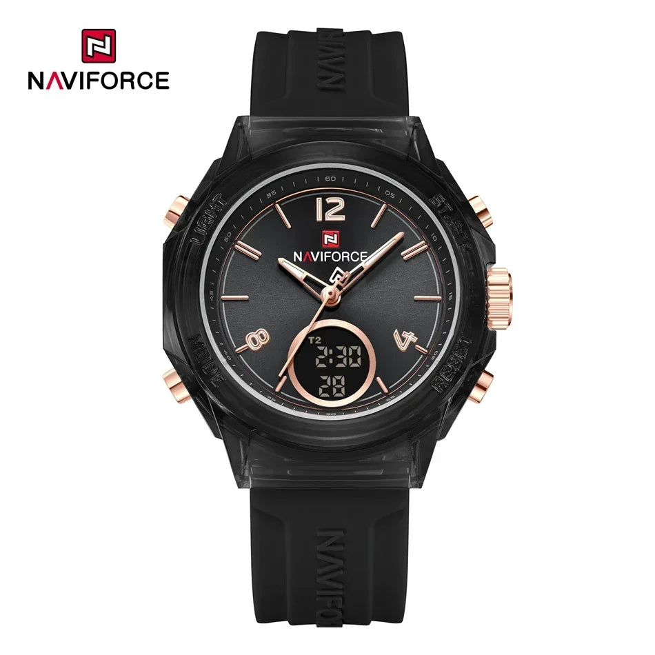 NAVIFORCE Luxury Women's Watch Gold Outdoor Sports Waterproof Watches Dual Time Display Quartz Wristwatches Rubber Digital Clock
