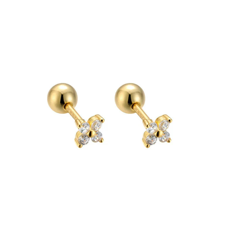 WANTME 925 Sterling Silver Fashion Simple Golden Flower Beads Small Stud Earrings for Women Teen Piercing Jewelry Accessories