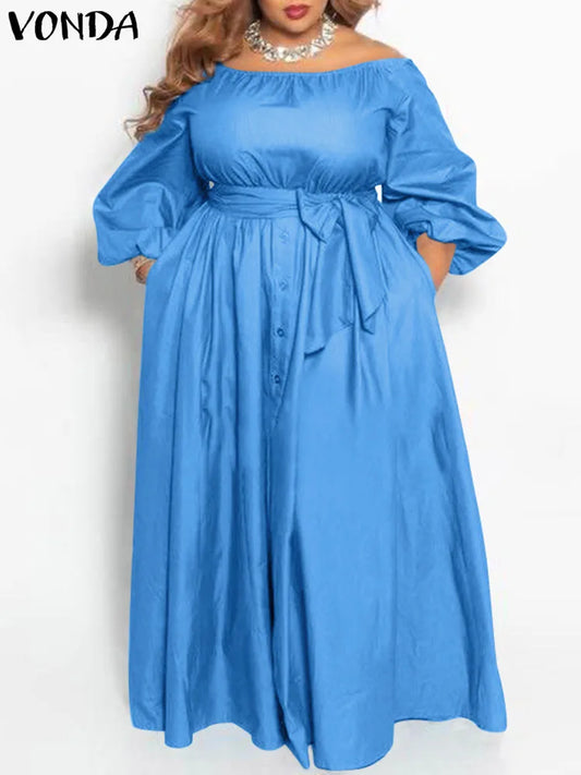 Plus Size 5XL VONDA Summer Maxi Sundress Women Long Dress Button Casual Solid Elegant Off Shoulder Bohemian Party Vestido Belted