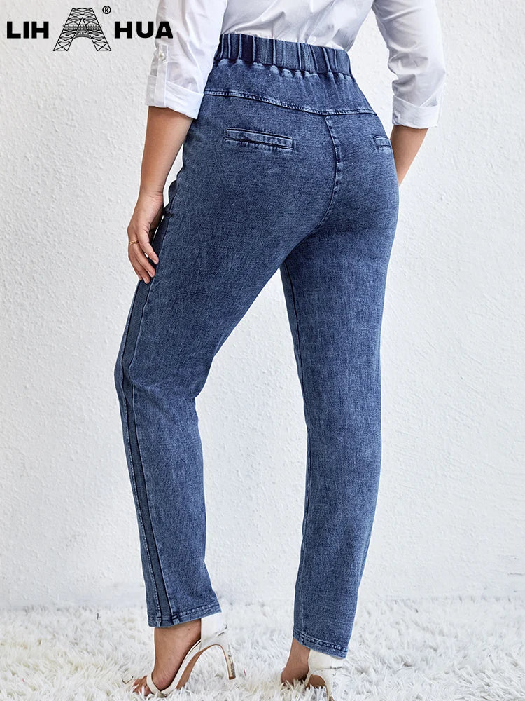 Women's Plus Size Jeans Autumn High Stretch Cotton Knitted Denim Trousers