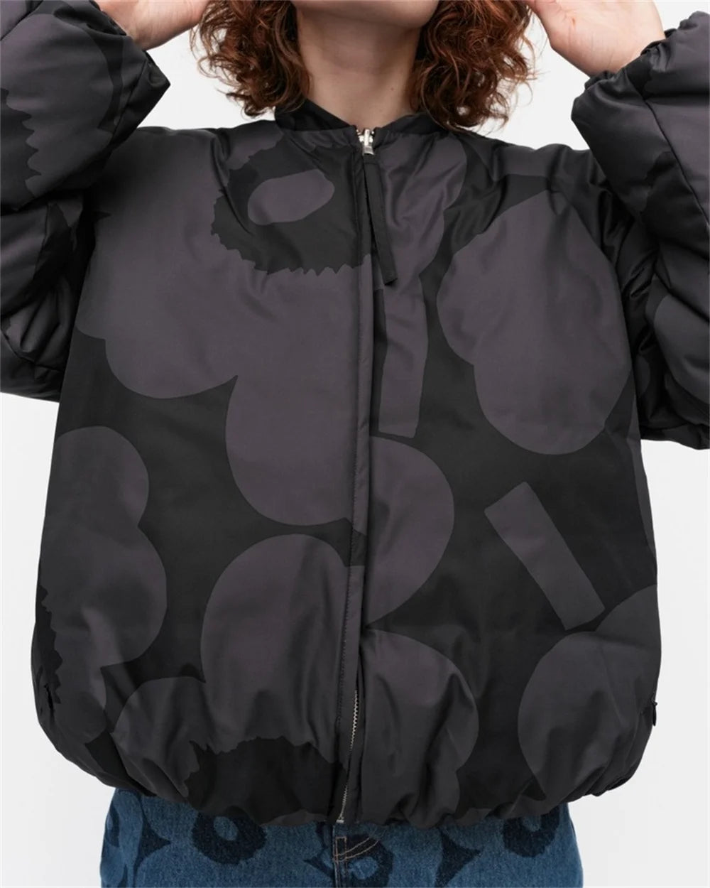 Winter Print Thick Jacket for Women Oversize Stand Collar Long Sleeve