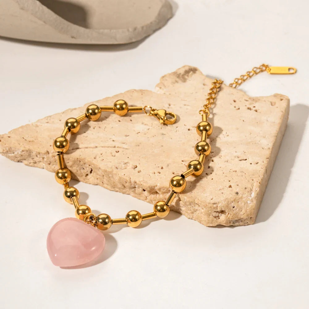 Youthway Delicate Clear Glass Heart Stainless Steel Necklace Bracelet Set Waterproof Golden Trendy Jewelry Boucle Oreille Femme